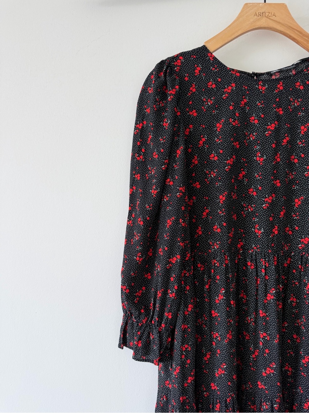 Zara Black Red Floral Polka Dot Maxi Dress Viscose Puff Sleeve Cottagecore S - Picture 6 of 12
